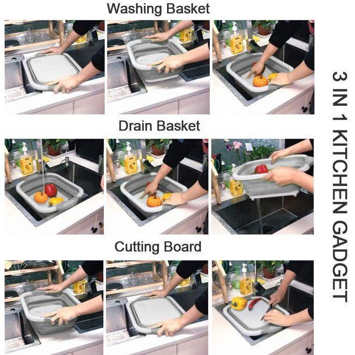 Collapsible Cutting Board, 3 in 1 Chopping Board with Drain Plug, Wash Basin & Dish tub & Colander, Multifunctional for Vegetable Fruit Wash, Space Saving for Kitchen, Camping, Picnic & BBQ