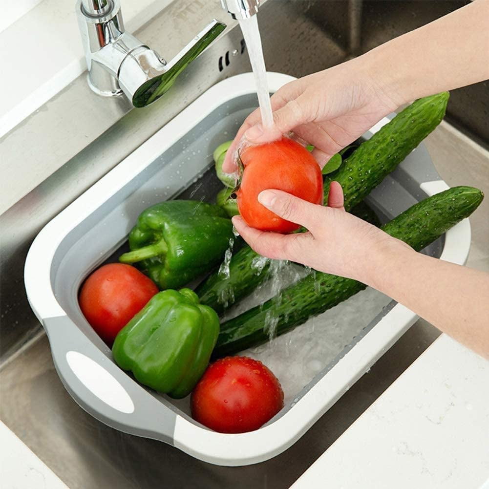 Collapsible Cutting Board, 3 in 1 Chopping Board with Drain Plug, Wash Basin & Dish tub & Colander, Multifunctional for Vegetable Fruit Wash, Space Saving for Kitchen, Camping, Picnic & BBQ