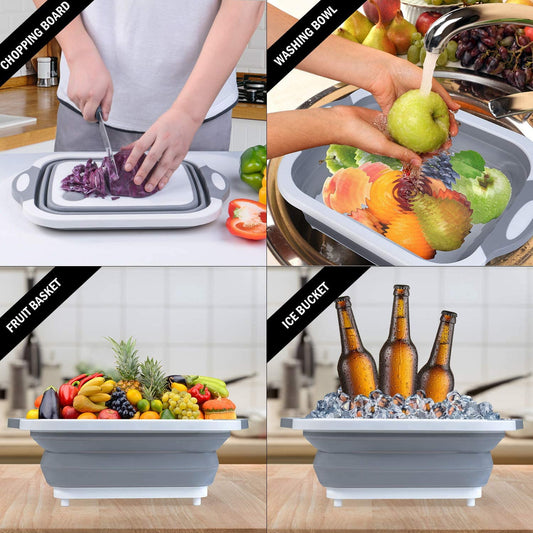 Collapsible Cutting Board, 3 in 1 Chopping Board with Drain Plug, Wash Basin & Dish tub & Colander, Multifunctional for Vegetable Fruit Wash, Space Saving for Kitchen, Camping, Picnic & BBQ