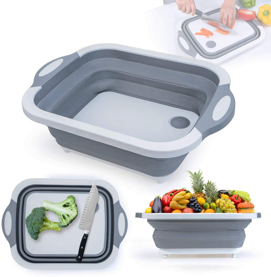 Collapsible Cutting Board, 3 in 1 Chopping Board with Drain Plug, Wash Basin & Dish tub & Colander, Multifunctional for Vegetable Fruit Wash, Space Saving for Kitchen, Camping, Picnic & BBQ